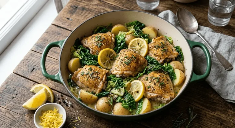 One-Pot Lemon Herb Chicken with New Potatoes Spring Greens