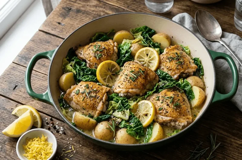 One-Pot Lemon Herb Chicken with New Potatoes & Spring Greens