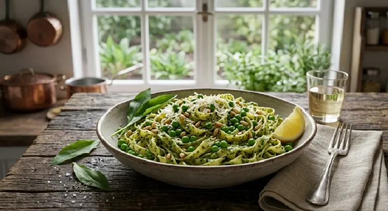 Wild Garlic Pesto Pasta with Fresh Peas