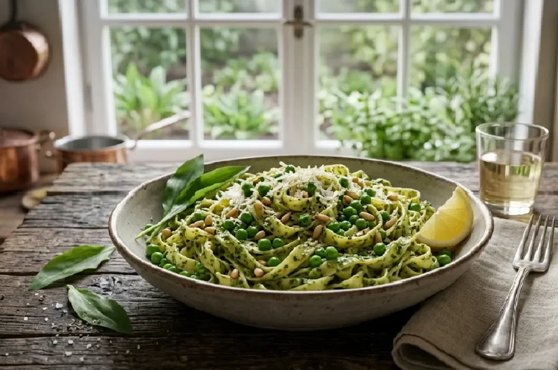 Wild Garlic Pesto Pasta with Fresh Peas